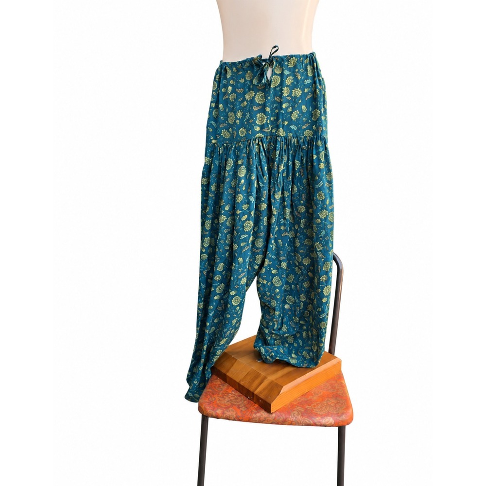 Boho Harem Pants Womens One Size Blue Floral Wide Leg Drawstring Lounge